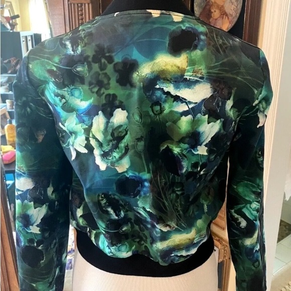 Womens Stella & Jamie Size XS Bomber Jacket Green Black Floral Designer Pocket - Picture 5 of 9